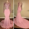 Sheer Neck Długie Rękawy Prom Dresses Mermaid 2020 Sexy Różowy Otwarty Powrót Wieczór Party Suknie Arabskie Specjalne okazje Suknie Custom Made