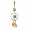 Guld Dream Catcher Feather Blue Stone Navel Piercing Smycken Belly Knapp Ringar Nickelfri 316L kirurgiskt stål