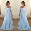 Blue Light Evening Sky Dresses Sweetheart Long Illusion Sleeves Prom A-Line Tiered Ruffle Sweep Train Custom Made Formal Party Gowns