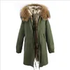 Populaire multicolour wasbeer bont trim dames sneeuw jassen rozen konijnenbont voering leger groen canvas lange parka's