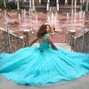 Pretty Aqua Blue quinceanera платья Бальное платье с прозрачным вырезом и аппликацией из бисера Платье для выпускного вечера с открытой спиной Тюль Sweet 16 Платья Vestido5417517