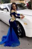 Gorgeous African Prom Dresses Off the Shoulder Blue Velvet Gold Lace Appliques Black Girl Mermaid Evening Party Gowns Sweep Train