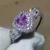 Hjärtform Promise Ring 100% Real Soild 925 Sterling Silver Smycken Rosa Sapphire CZ Diamond Engagement Bröllop Band Ringar för Kvinnor Män