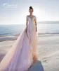 2019 robes de mariée rose fard à joues une ligne pure bijou cou appliqué à manches longues automne hiver robes de mariée balayage train robe de mariée élégante
