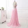 Elegant Pink Two Pieces Evening Dresses Long Chiffon Halter Criss Cross Straps Back Rhinestones Crystal beaded Prom Formal Dress Gown Cheap