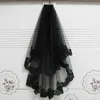 2018 unique novelty stunning lace side black silk double-layer wedding veil bridal veil halloween witch headpiece tulle veil cato