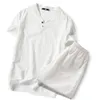 M-5XL Size Mens Summer Casual Coon Linen V-neck short sleeve tops + shorts two piece set men Office Suit Set Men's Costumes