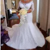 Glamorous African Mermaid Wedding Dress Beads Applique Off Shoulder 3/4 Long Sleeves Bridal Dress Sexy Plus Size Dubai Tulle Wedding Dress