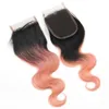 Rose Gold Human Hair Weaves With 4x4 Lace Stängning Två Tone 1B Rose Pink Body Wave Lace Closure med buntar European Virgin Hair