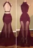 Burgundia Sexy Długa Syrenka Prom Dresses Jewel Neck Backless Cekinowe Koraliki Posze Przez długość podłogi Formalna Party Nosić wieczorowe suknie