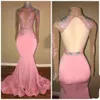 Blush pink Prom Dresses Mermaid long sleeve Applique Sequins Sexy Open Back Evening Gowns Robe de soriee Custom Made