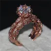 Vintage Women Round cut 3ct Diamonique Cz Rings Rose gold Filled & 925 Sterling silver Flower wedding Band ring set for women