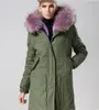 Nieuwe aanbieding Lavendel Wasbeer Bont Trim MEIFENG Lavendel Konijnenbont Voering Army Green Canvas Lange Parkas