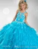Yeni Varış Sevimli Mavi Kızlar Pageant Elbise Prenses Boncuklu Ruffles Parti Cupcake Balo Elbise Kısa Kız için Güzel Elbise Küçük Çocuk Için