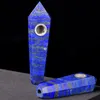 Chunky Royal Natural Lapis Lazuli Gem Stone Quartz Crystal Wand + Metal Strainer Rökning Rör Snidad Blå Punkt Obelisk Gemstone Tobacco Pipe