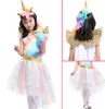 Abbigliamento cosplay per bambini Neonate Unicorno Arcobaleno vestito per bambini in pizzo Tutu abito da principessa Abiti con 1 fascia per unicorno + 1 ali d'oro