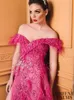 Seksowne Suknie Wieczorowe Koronki Luksusowe Zroszony Pióro Strona Split Off Ramię Prom Dress Party Sweep Pociąg Illusion Plus Size Formalne suknie