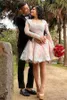 2019 짧은 웨딩 드레스 긴 소매 블러쉬 핑크 아랍어 비공식 웨딩 드레스 특종 목 레이스 Appliques 플러스 크기 신부 가운