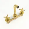 Gouden Basin Kraan Massief Messing Bouw Dubbele Handgrepen Muur Montage Badkamer Sink Kraan Mixer Set