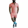 Summer Men Romper Track Suit Short Sleeve Shirts Jumpsuit Men Set Casual Single Breasted Male Romper Green Orange