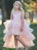 Light Pink Flower Girl Dresses Hi Lo Jewel Neck Lace Applique Tulle Girls Pageant Dress Kids Formal Celebration Gowns