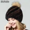 Mink Beanies Cap With Fox Fur Pompoms For Women Female Cap Winter Knitted Real Fur Hat Women Bobble Hat Ms.MinShu