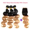 Ombre Body Wave T1B / 27 # Dark Root Honey Blonde Bundles de cheveux humains avec fermeture à lacets Tissage de cheveux brésiliens colorés avec fermeture