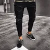 Czarne spodnie dla mężczyzn Hip Hop Rock Otwory Zgrane dżinsy Biker Slim Fit Zipper Jean w trudnej sytuacji