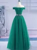 2019 Vestidos de baile modestos Vestido largo formal Tul verde Fuera del hombro Cristales Con cordones Núcleo Parte posterior del piso Vestidos de noche Vestido formal