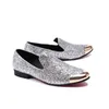 Fashion Men Shoes Gold Metal Cap Flats Dress Shoes Silver Glitter Men Leather Wedding Shoes Business and Party