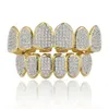 Hip Hop Clássico Dentes Grills Golde Cor Banhado CZ Micro Pave Exclusivo Top Bottom Gold Grillz Set266q