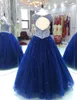 Sparkly Navy Blue Beaded Pearls Evening Dresses Ball Gown Sheer Neck Keyhole Back Tulle Pleated Floor length Cheap Prom Party Dresses