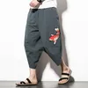 MRDONOO pantalon en lin en coton japonais pantalon à bandes de cheville hommes sarouel ample style chinois grandes culottes bouffantes en lin knickerbockersM-5X