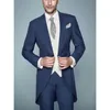 Morning Style Män Bröllop Tuxedos Navy Blue 3 Piece Suit Tailcoat Utmärkt Män Middag Prom Party Kläder (Jacka + Byxor + Tie + Vest) 1172