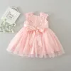 Flower Pink First Communion Dress 2022 White Ball Gowns Short Baby Party Birthday Cheap Little Flower Girl Dress With Bow 3M 6M 12M 19M 24M