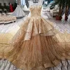 Wunderschöne goldene Dubai-Hochzeitskleider, glitzernde Pailletten, Kristallspitze, schiere Rückseite, Brautkleid, Luxus-Kapellenzug, Vestido de Novia, Hochzeitskleid