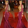 New African Burgundy Long Sleeve Gold Lace Prom Dresses Mermaid Satin Applique Beaded High Neck Backless Court Train Prom Party Gowns