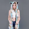 Faux Fur Hood Animal Hat Ear Flaps Hand Pockets 3 in1 Animals Hood Hats Warm Cap With Scarf Gloves341R