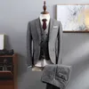 2019 양모 Slim Fit Groom 턱시도 결혼식 정장 Herringbone Tweed Groomsmen BestMan Prom Suits (자켓 + 바지 + 조끼) 리얼 이미지 플러스 사이즈