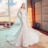 Novos vestidos de casamento palavra ombro manga comprida era fino rabo de peixe cauda longa renda halter cinta branco vestidos de jardim de inverno dh79