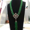 Kvinnors mode naturliga 2Rows Green Jade Micro Inlay Zircon Clasp Tassel Necklace Fashion Jewelry