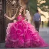 Vestidos para niñas de flores fucsia esponjosos Correas espaguetis Apliques de encaje Vestido de fiesta de Tull Vestido para niñas 2018 Vestidos de cumpleaños de princesa magníficos