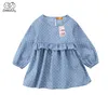 Lovely Toddler Kids Newborn Baby Girls Dress Denim Dot Printed Clothes Ruffle Princess Party Tulle Long Sleeve Dresses