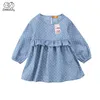 Mooie peuter kinderen pasgeboren babymeisjes jurk denim dot geprinte kleding ruche prinses feest tule lange mouw jurken