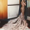 Seksi Dubai Mermaid Gelinlik Modelleri Boncuk Aplike Uzun Kollu Parti Elbise See Through Glamorous Lxuxry Tüy Tren Ünlü Abiye