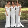 2018 Country Mermaid Brautjungfernkleider für Hochzeiten, schulterfrei, weiße Spitzenapplikationen, Schärpe, lange, rückenfreie Trauzeugin-Hochzeitsgastkleider