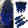 Czarny i ciemny niebieski Ombre Malezyjski Ciało Wave Ludzkie Włosy Wiązki Wiązki z 13x4 Full Lace Frontal # 1B / Blue Ombre Dziewicy Extensions