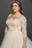 New Vintage A Line Wedding Dresses Cheap Scoop Neck 3/4 Long Sleeves Lace Applique Beads Covered Button Plus Size Sweep Train Bridal Gowns