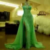 Wunderschöne grüne Meerjungfrau-Abschlussballkleider 2018, glänzende High-Neck-Ärmel-Abendkleider, Spitze, hoher Schlitz, formelles Partykleid nach Maß