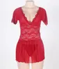 Sexig Underkläder Plus Storlek Röd Nighty Lace Mesh V-Neck Babydoll SleepWear Dress # R68